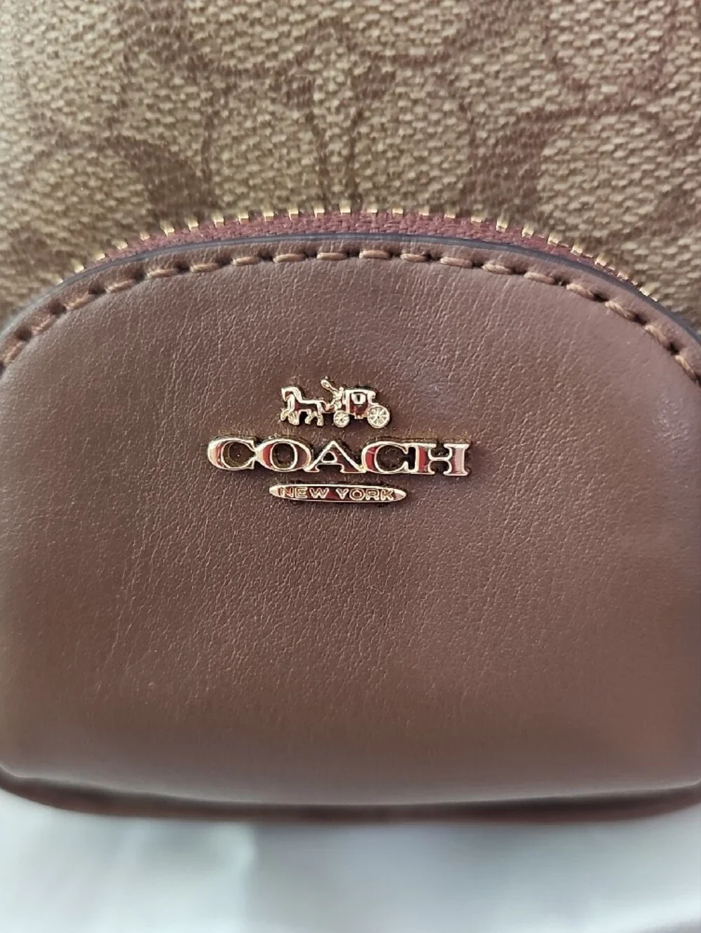 COACH Brown Signature Mini Backpack Keychain Pouch with Gold Hardware